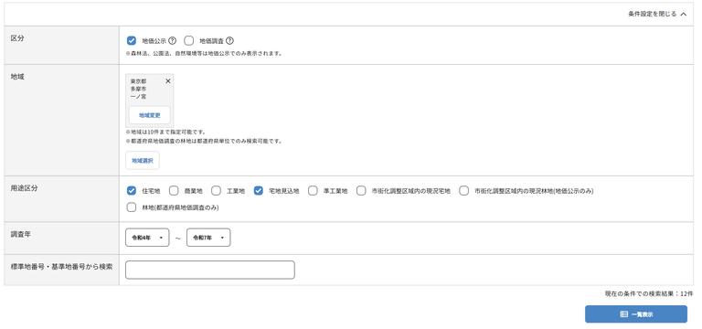 「不動産情報ライブラリ」の「国土交通省地価公示・都道府県地価調査の検索」の入力完了状態